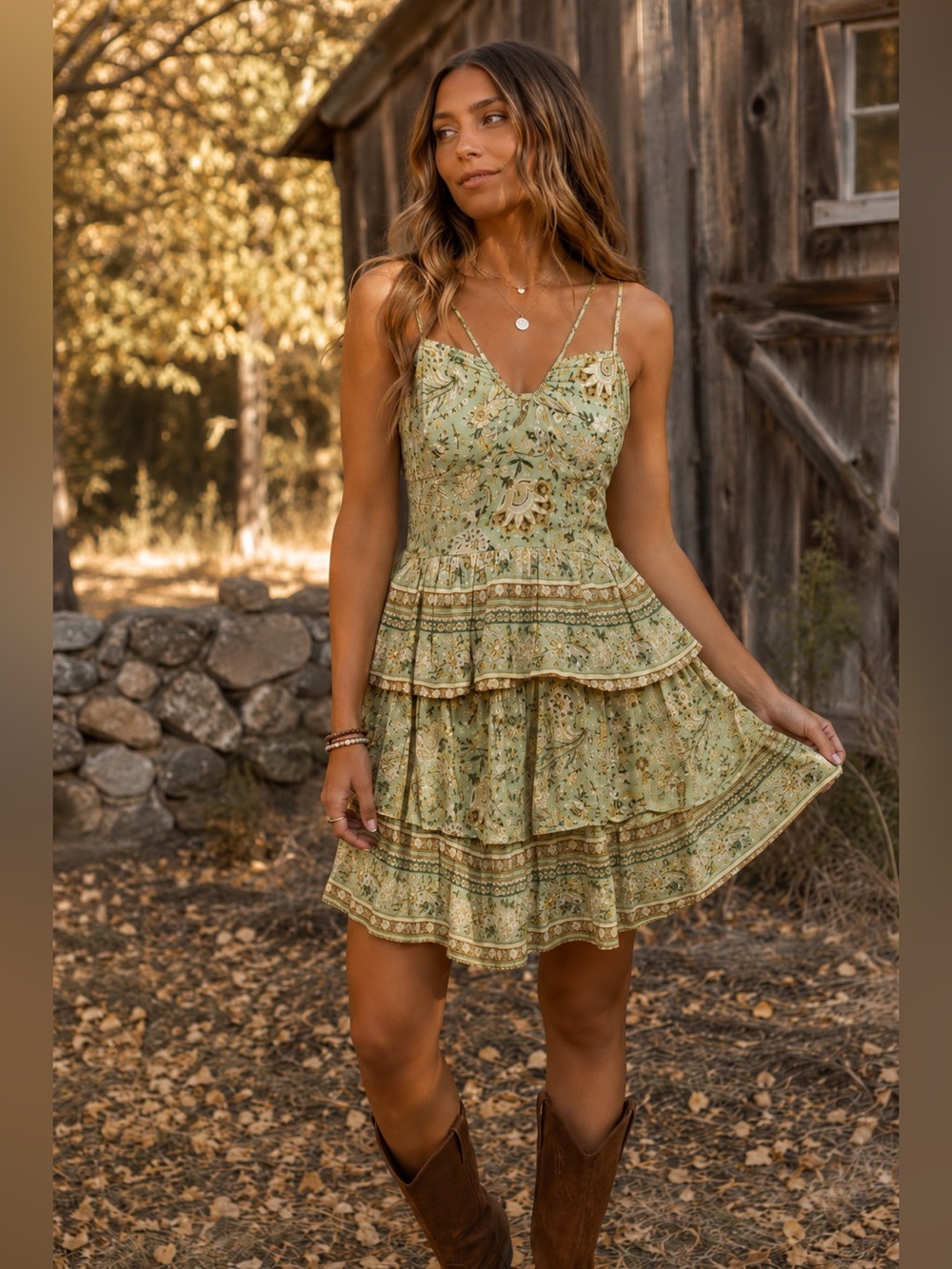 American Eagle Floral Tiered Mini Dress Sage Green Cottagecore Boho L - Picture 9 of 10